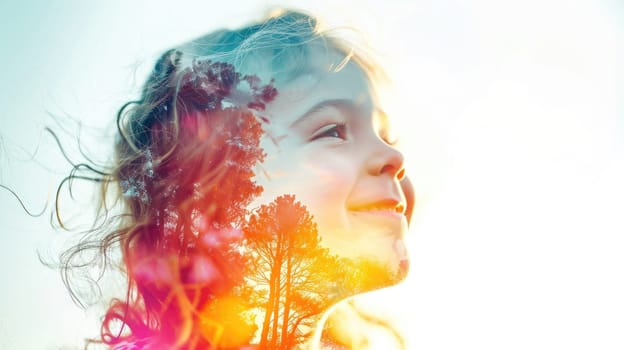 The closeup double exposure between the caucasian young girl and the beautiful vividly nature that the picture, it stands for the peaceful of the life or relaxation with the beautiful nature. AIGX01.