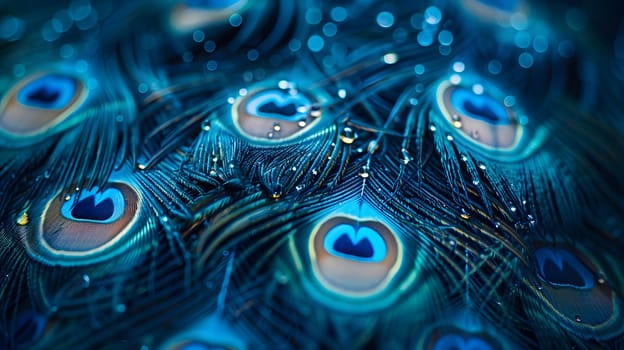 Closeup of a peacock feather against a vibrant electric blue background, showcasing the intricate pattern and fluidlike texture of this beautiful organism