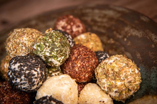 RECIPE FOR LABNEH CHEESE BOLLS WITH DRIED MINT, WHITE AND BLACK SESAME, SUMAC AND ZAATAR. High quality photo