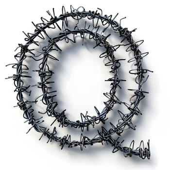 An artistic representation of a circle using automotive tire tread pattern, resembling a barbed wire design, on a white background