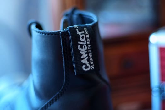 Tyumen, Russia-January 11, 2024: Close-Up of Shoe With Camelot Logo Label. Selective focus