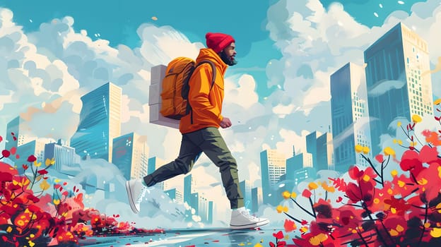A happy man with a flower in his backpack is exploring the world through art and nature, surrounded by plants, clouds, and people in a vibrant city