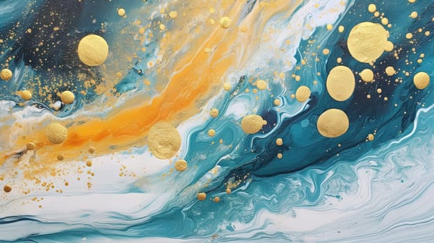 Abstract artistic background with blue marble and golden paint stains. Generated AI