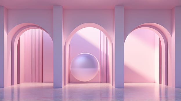 Abstract pink room with arch. Surreal architectural abstraction in pastel colors. Generated AI