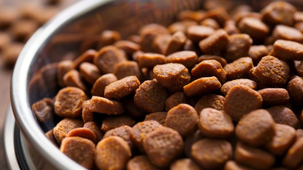 Close up of dry dog food in a bowl.