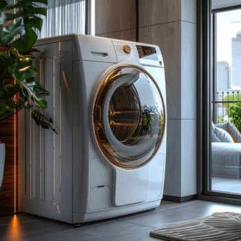 A washing machine, a type of major home appliance, is placed in a room next to a window. The fixture can be used to clean clothes with water and detergent