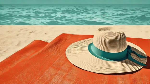 Hat and towel on the sand of the beach. Vacation scene with straw hat on the shore line. Generative AI