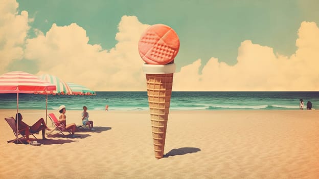 Ice cream cone in the sand of the beach. Vacation scene with ice cream on the shore line. Generative AI