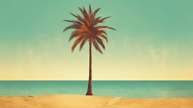 Palm tree on the sand of the beach. Vacation scene with palm on the shore line. Generative AI