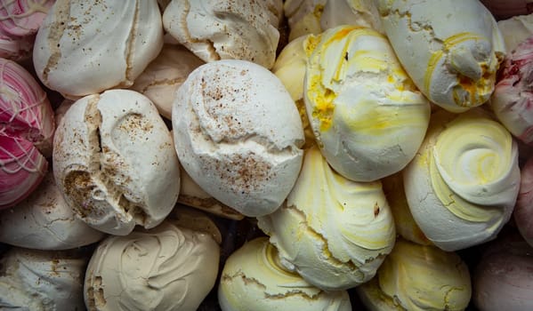 Meringues and stuffed with various fillings at a bakery