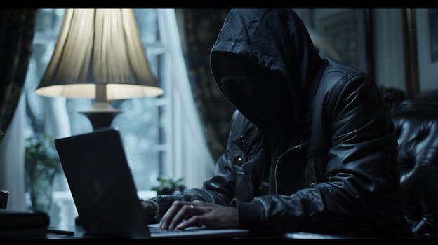 Masked data thief hacking computer network at night, working on laptop and multiple monitors to steal IT information. Hacker with hidden identity, server security breach. Handheld shot. High quality photo