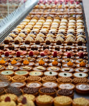 Rows of dessert of a variety pastries for sale