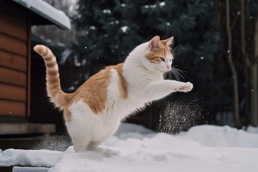 Cat playing in the snow in winter season. Cute kitten having fun with white snow. Generated AI
