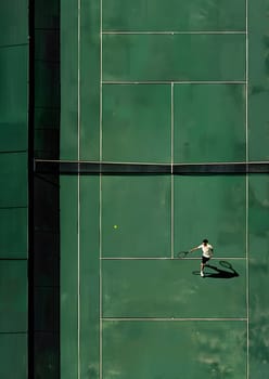 A man is playing tennis on a wood floor court with a rectangular shape. The flooring has tints and shades of green, resembling grass. The pattern of the hardwood adds texture to the game