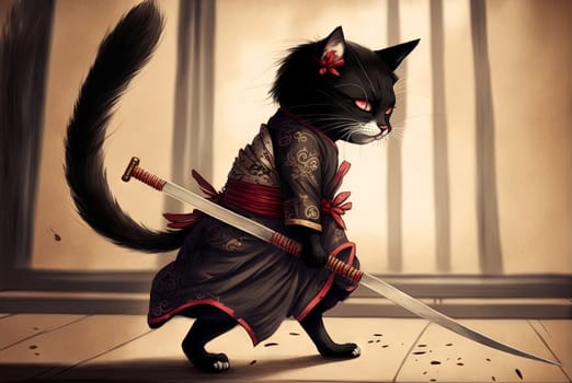 Cat samurai in traditional drawing style. Japanese styled art with kitten warrior in kimono. Generated AI