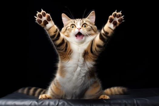 Funny surprised cat with a questioning pose. A cute kitten asks in surprise where the treats are. Generated AI