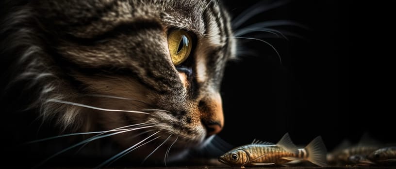 Cute cat watching the fish. Funny kitten sniffing the fish. Generated AI