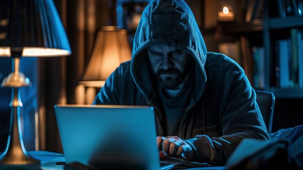 Masked data thief hacking computer network at night, working on laptop and multiple monitors to steal IT information. Hacker with hidden identity, server security breach. Handheld shot. High quality photo