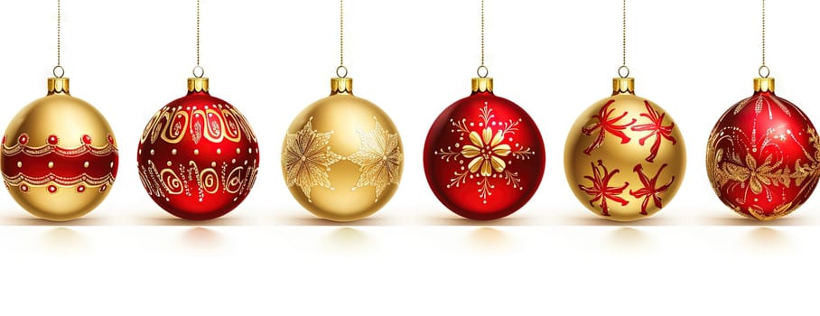 Shiny Christmas baubles in line. Collection of Xmas glass balls with ornament. Generated AI