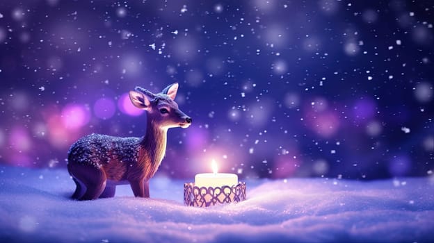 Christmas candle on the snow with deer toy and snowfall. Generated AI