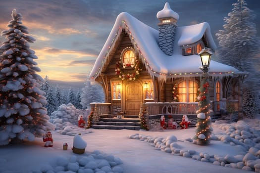 Christmas house in the forest with candies and winter holiday ornaments. Santa gingerbread house on the snow. Generated AI