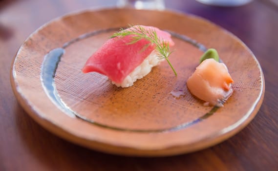 Fresh tuna sushi with ginger and wasabi