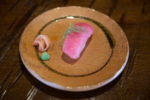 Fresh ahi tuna sushi with ginger and wasabi