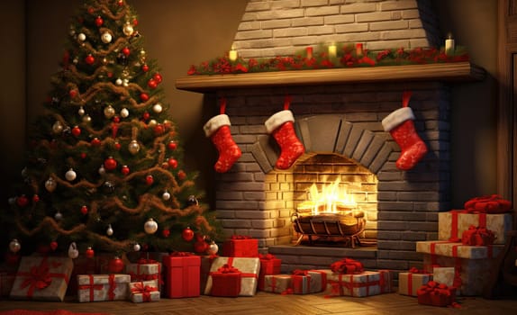 Christmas holidays in the room with fireplace. Christmas tree and gifts in decorated for winter holidays room. Generated AI