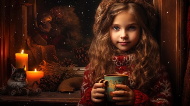 Little girl with cozy sweater drinks hot beverage cup on Christmas holidays. Generated AI