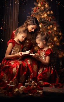 Girls unpacking gifts under the Christmas tree on winter holidays. Xmas family scene. Generated AI