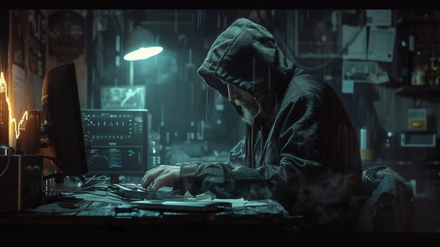 Masked data thief hacking computer network at night, working on laptop and multiple monitors to steal IT information. Hacker with hidden identity, server security breach. Handheld shot. High quality photo