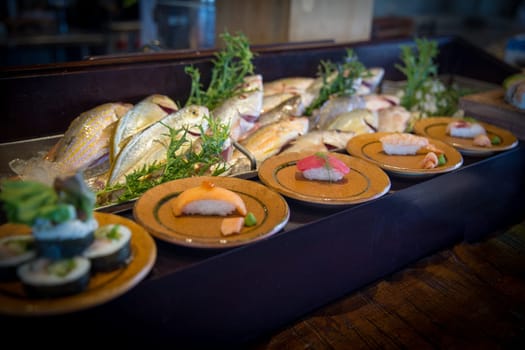 Sushi Displayed with fresh fish and Nigiri