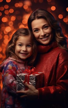 Mother and daughter sitting under the Christmas tree with gifts during winter holidays. Generated AI