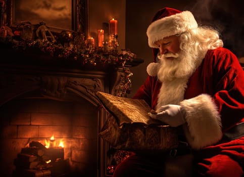 Santa Claus giving a Christmas gift. Xmas winter holiday scene with magic gifts and Santa. Generated AI