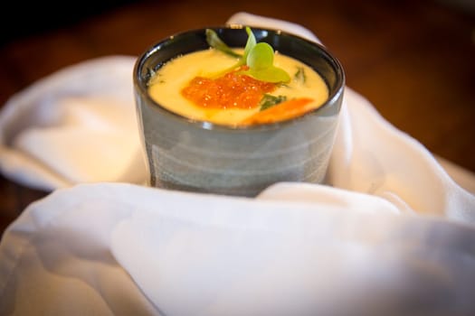 Japanese cup of Chawanmushi with toppings