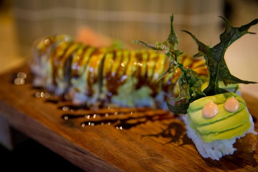 Beautiful Dragon Roll with eel sauce
