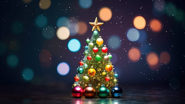 Tiny Christmas Tree toy on the table. Symbol of winter holidays with bokeh lights. Generated AI