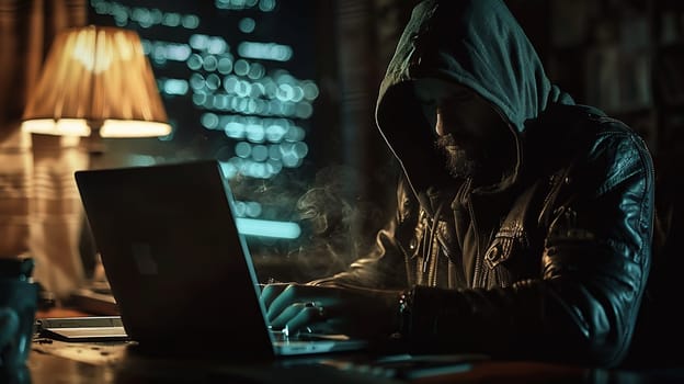 Masked data thief hacking computer network at night, working on laptop and multiple monitors to steal IT information. Hacker with hidden identity, server security breach. Handheld shot. High quality photo