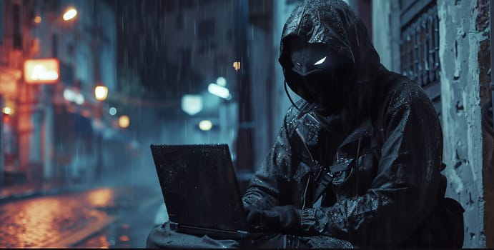 Masked data thief hacking computer network at night, working on laptop and multiple monitors to steal IT information. Hacker with hidden identity, server security breach. Handheld shot. High quality photo