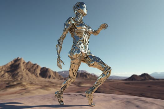 Crome robot woman dancing in the desert. Artificial intelligence rise and shiny. Mechanical beauty. Generated AI