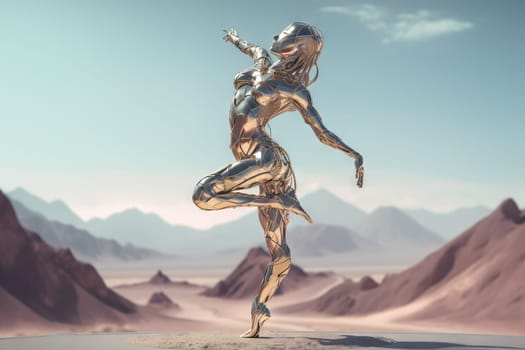 Crome robot woman dancing in the desert. Artificial intelligence rise and shiny. Mechanical beauty. Generated AI