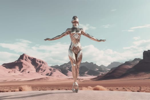 Crome robot woman posing with spread arms. Artificial intelligence rise and shiny. Mechanical beauty. Generated AI