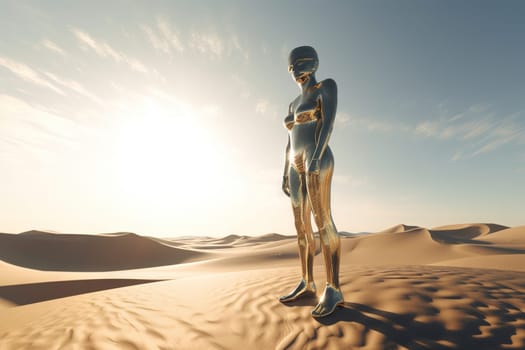 Crome robot woman standing in the desert. Artificial intelligence rise and shiny. Mechanical beauty. Generated AI