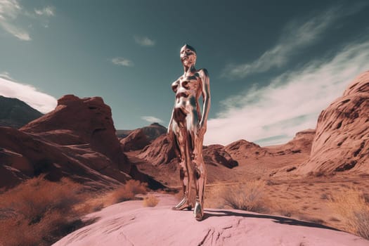 Crome robot woman standing in the desert. Artificial intelligence rise and shiny. Mechanical beauty. Generated AI