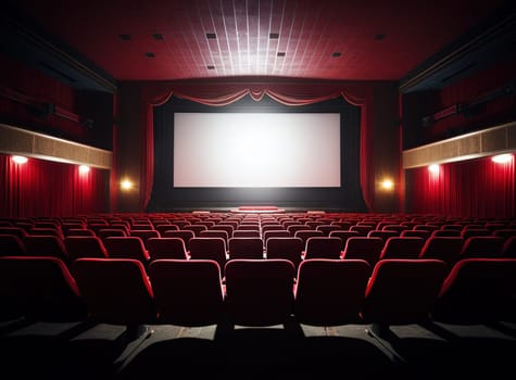Cinema interior with seats and white screen. Movie theater room with chairs. Generated AI