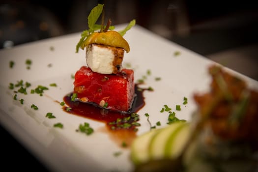 Watermelon and Mozzarella Appetizer with balsamic vinegerette