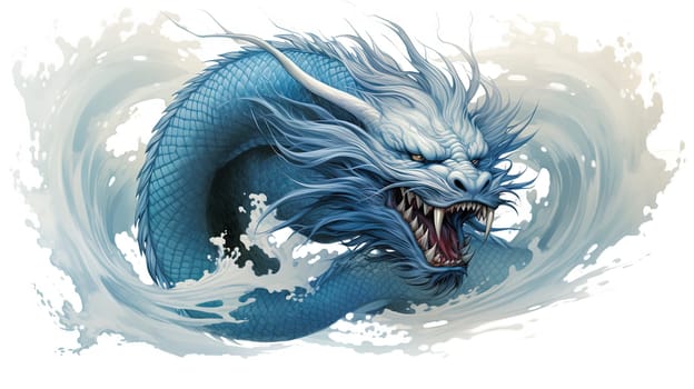 Blue dragon, mysterious monster from farytales and symbol of 2024 lunar year in Chinese calendar. Generated AI.