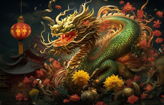 Green dragon in traditional style, mysterious monster from farytales and symbol of 2024 lunar year in Chinese calendar. Generated AI