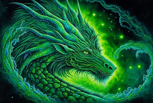 Green dragon portrait, mysterious monster from farytales and symbol of 2024 lunar year in Chinese calendar. Generated AI