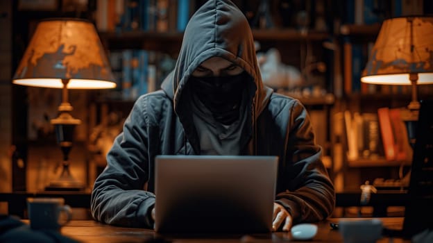 Masked data thief hacking computer network at night, working on laptop and multiple monitors to steal IT information. Hacker with hidden identity, server security breach. Handheld shot. High quality photo